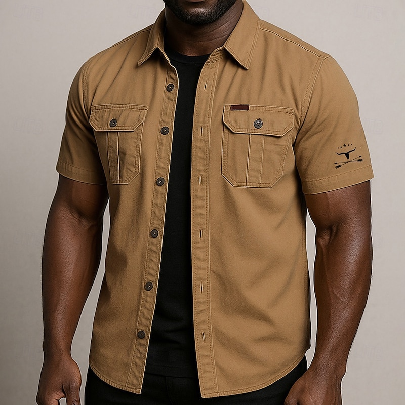 Men's Cow Print Work Shirt Western Shirt Cargo Shirt Short Sleeve Casual Tactical Sports Outdoor Going out Summer Spring Turndown Graphic Cotton Button Up Shirts Army Green Khaki Beige2