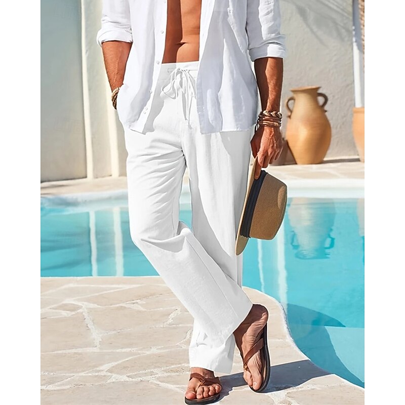 Men's Linen Pants Trousers Summer Pants Beach Pants Pocket Drawstring Straight Leg Plain Comfort Breathable Vacation Daily Holiday Hawaiian Boho White Khaki4
