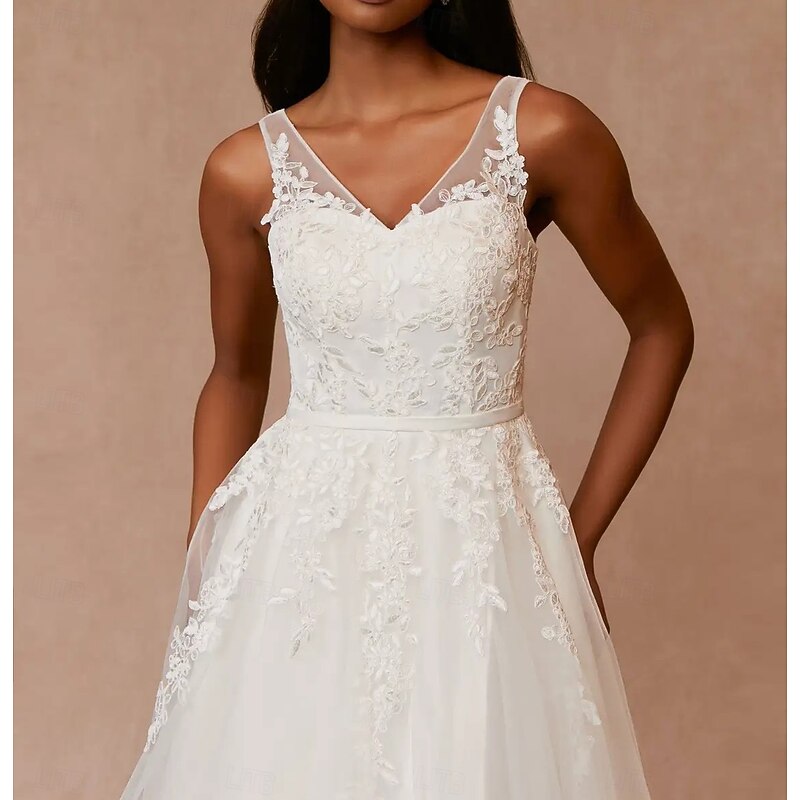 Engagement Little White Dresses Wedding Dresses A-Line V Neck Sleeveless Knee Length Satin Bridal Gowns With Sash / Ribbon Appliques4