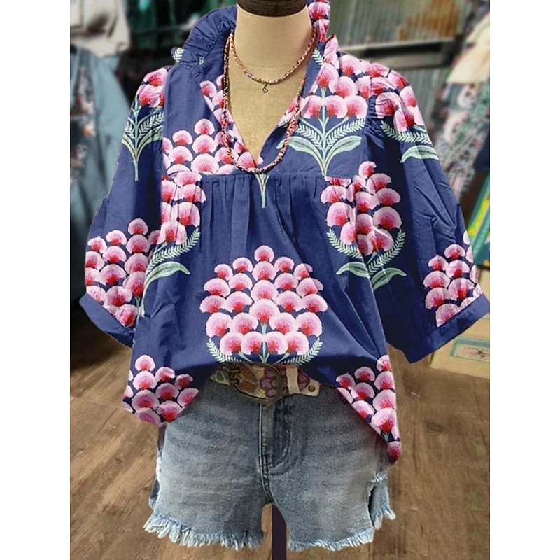 Women's Shirt Floral Stylish Modern Boho Half Sleeve V Neck Regular Tops Daily Holiday Print Pink Navy Blue Blue Green Khaki Summer2