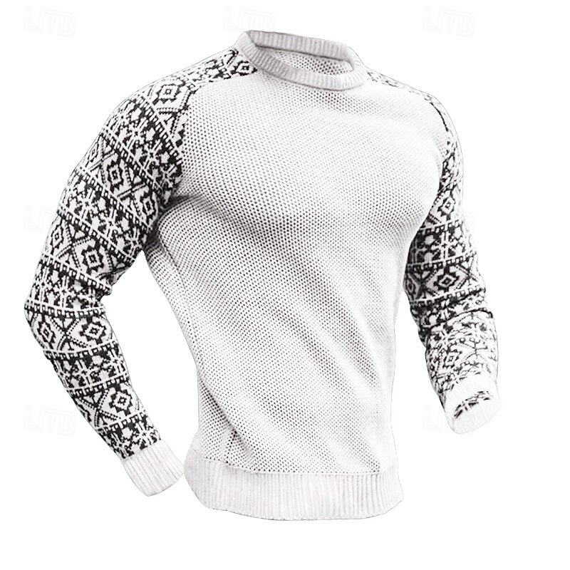 Men's Sweater Pullover Sweater Jumper Knit Sweater Waffle Knit Color Block Crew Neck Elegant Vintage Formal Home Clothing Apparel Bishop Sleeve Fall Winter Black White S M L2