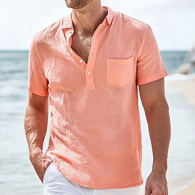 Men's Shirt Linen Shirt Summer Shirt Beach Shirt Summer Hawaiian Shirt Solid Color Vacation Street White Pink Gray Light Blue Short Sleeve Collar Summer Spring & Summer Clothing Apparel Pocket