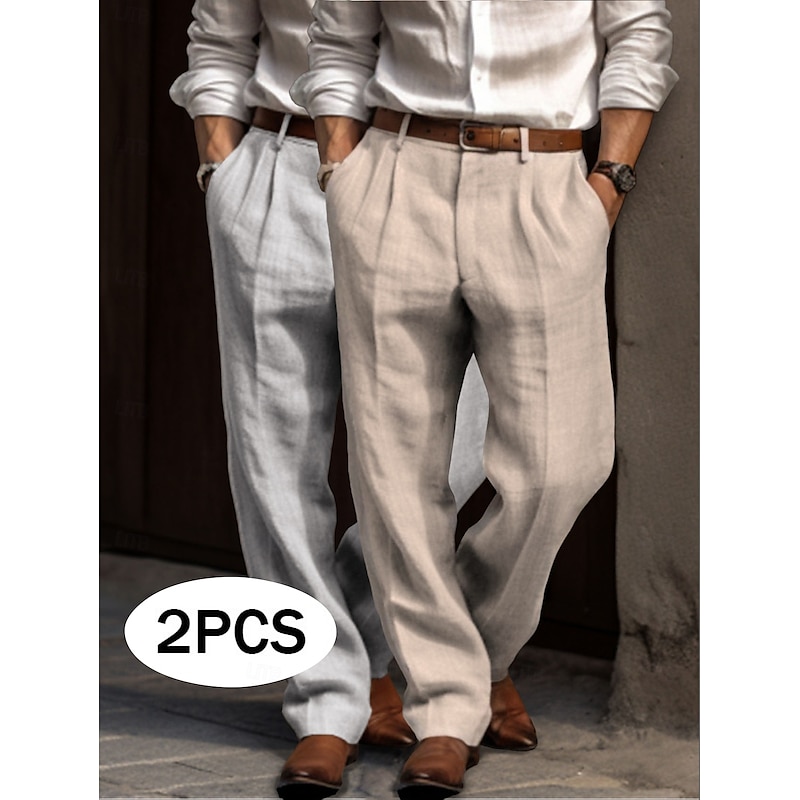 Men's Linen Pants Trousers Dress Pants Summer Pants Pleated Pants Front Pocket Straight Leg Multi-pack Plain Comfort Breathable Full Length Outdoor Casual Daily Vacation Fashion Green+Gray Black+Grey