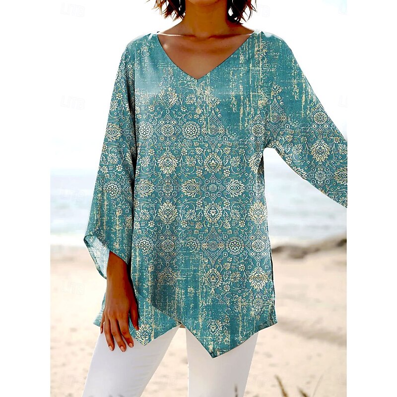 Women's Blouse Long Sleeve Asymmetrical Hem Graphic Paisley Hawaiian Stylish Casual 3/4 Length Sleeve V Neck Regular Tops Daily Holiday Going out Print Blue Purple Green Summer Spring Fall - Main Image