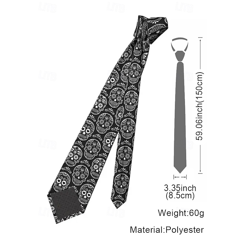Men's Gothic Skull Print Black Satin Necktie – Retro Halloween Party Accessory for Punk & Vintage-Inspired Outfits4