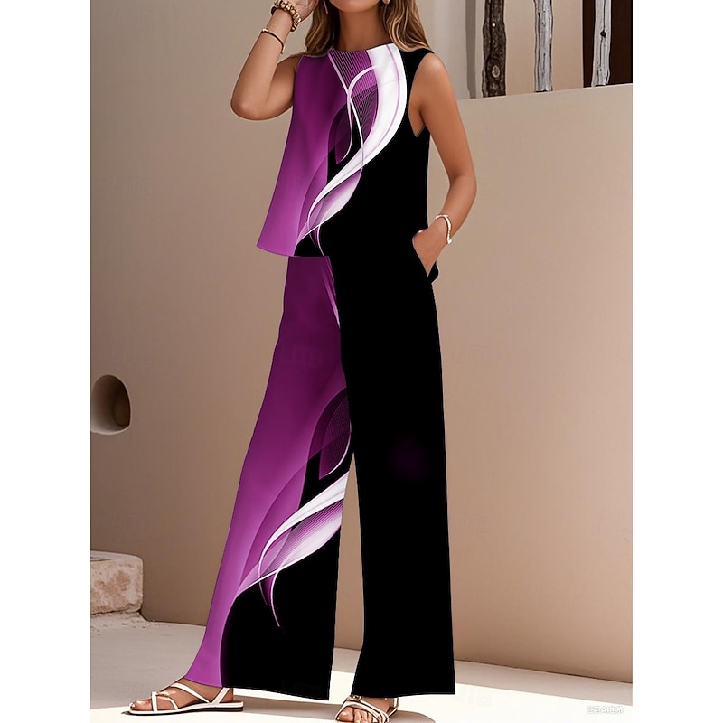 Women's Elegant Fashion Streetwear Two Piece Sets Blouse Vest Pants Sleeveless Crew Neck Outdoor Work Casual Geometric Gradient Print Vacation Daily Holiday White Blue Purple Summer Regular Fit2