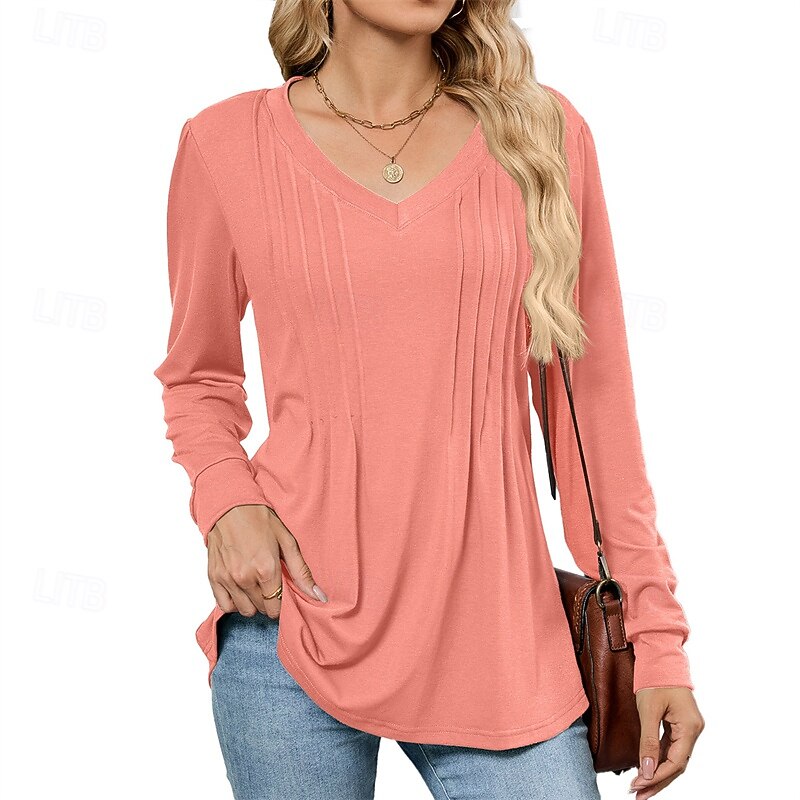 Women's T Shirt Plain Casual Long Sleeve V Neck Regular Tops Daily Weekend Tunic Black White Pink Wine Navy Blue Summer Texture Fabric4