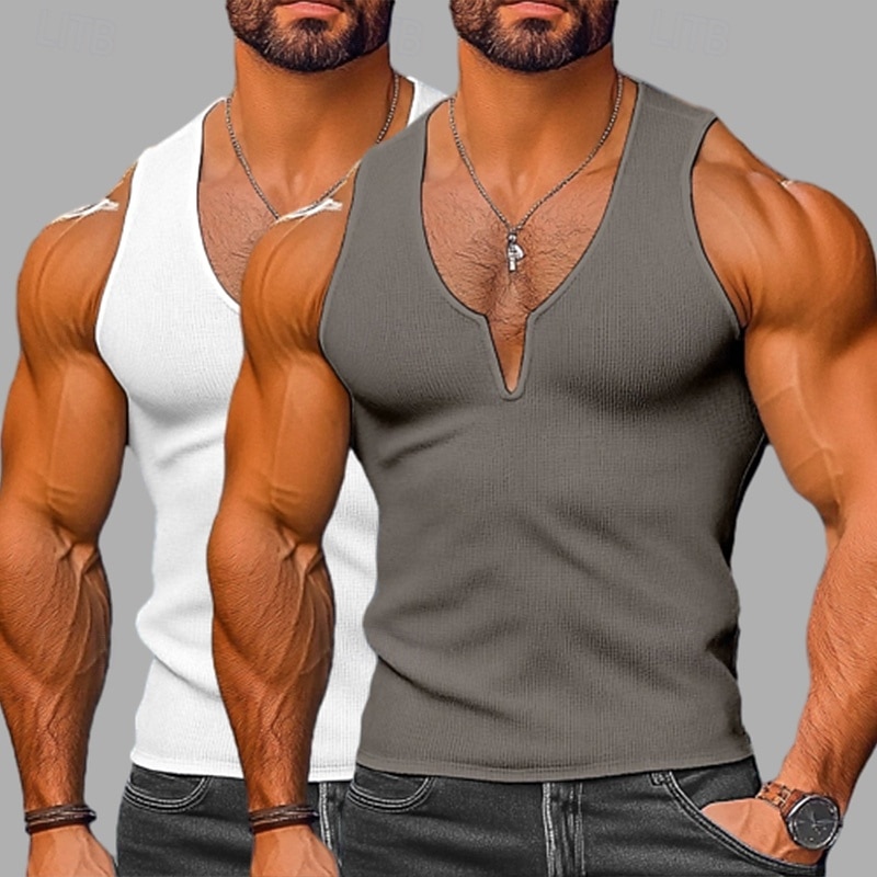 Men's Waffle Tank Top Tank Top Vest Undershirt Sleeveless V Neck Summer Plain Fashion Classic Casual 2 Piece Street Casual Sports Yellow+Blue Yellow+Light Gray Gray+White Top Tee for Men3