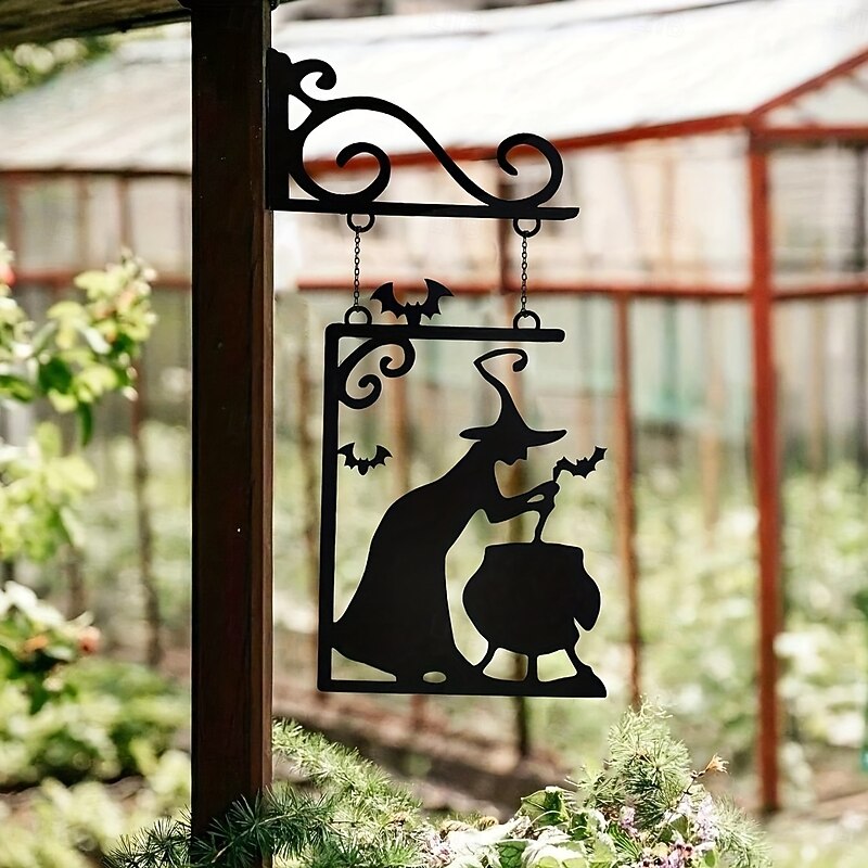 Spooky Halloween 1pc Metal Witch Cauldron Wall Art  Iron Hanging Sign with Bats & Swirls  for Home Garden Party or Door Frame Decoration4