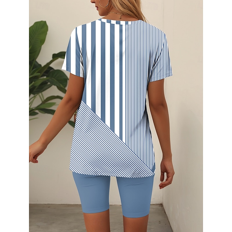 Women's Fashion T Shirt Shorts Sets Short Sleeve V Neck Graphic Striped Print Casual Daily Blue Purple Green Summer Loose Fit2