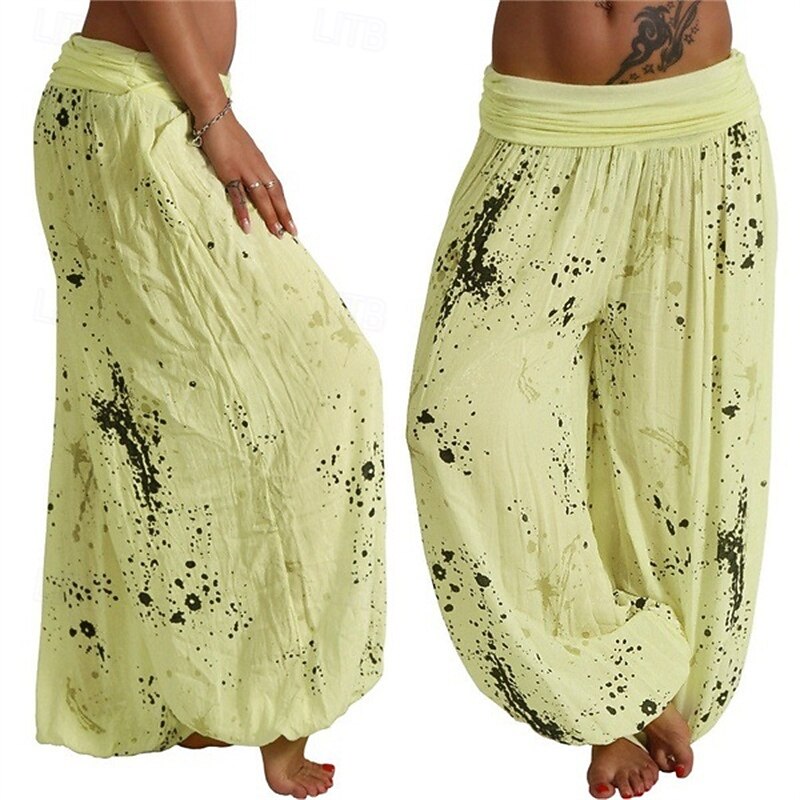 Women's Pants Trousers Palazzo Pants Fashion Boho Full Length Mid Waist Print Elastic Waist Comfy Comfortable Micro-elastic Street Daily Wear Going out White Yellow Pink Army Green Summer Regular Fit2