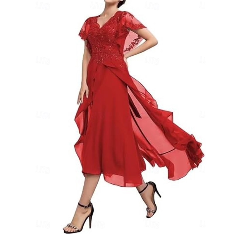 A-Line Mother of the Bride Dress Elegant V Neck Tea Length Chiffon Short Sleeve with Solid Color4