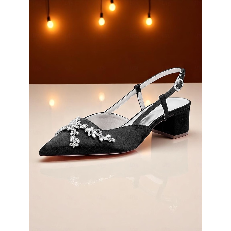 Women's Black Satin Slingback Heels, Pointed-Toe Dress Shoes with Crystal Embellishments for Formal Events and Evening Parties4
