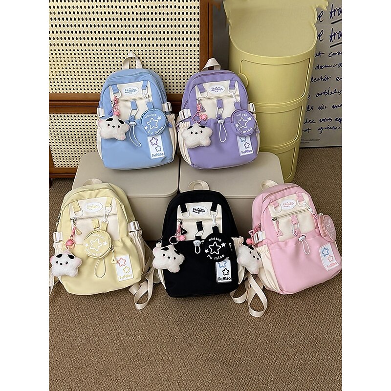 Girls Cute Macaroon Color Campus Backpack - Lightweight School Bag with Plush Pendant and Mini Pouch for Teens and College Students4