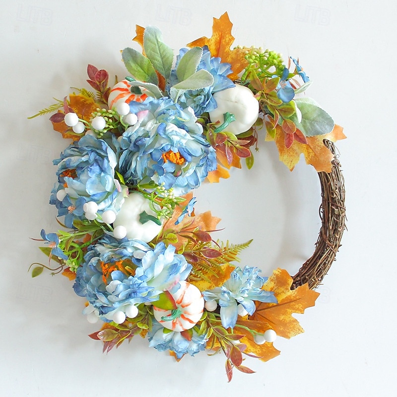 Fall Wreath for Front Door Thanksgiving Autumn Harvest Indoor Outdoor Decoration, Peony and Pumpkin Artificial Grapevine Wreath Rustic Home Garden Decor
