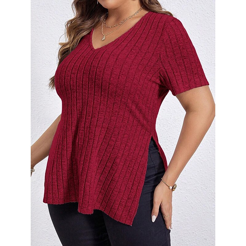 Women's Plus Size Tops T Shirt Solid Color Graphic Short Sleeve V Neck Casual Daily Polyester Summer Spring Black Wine3
