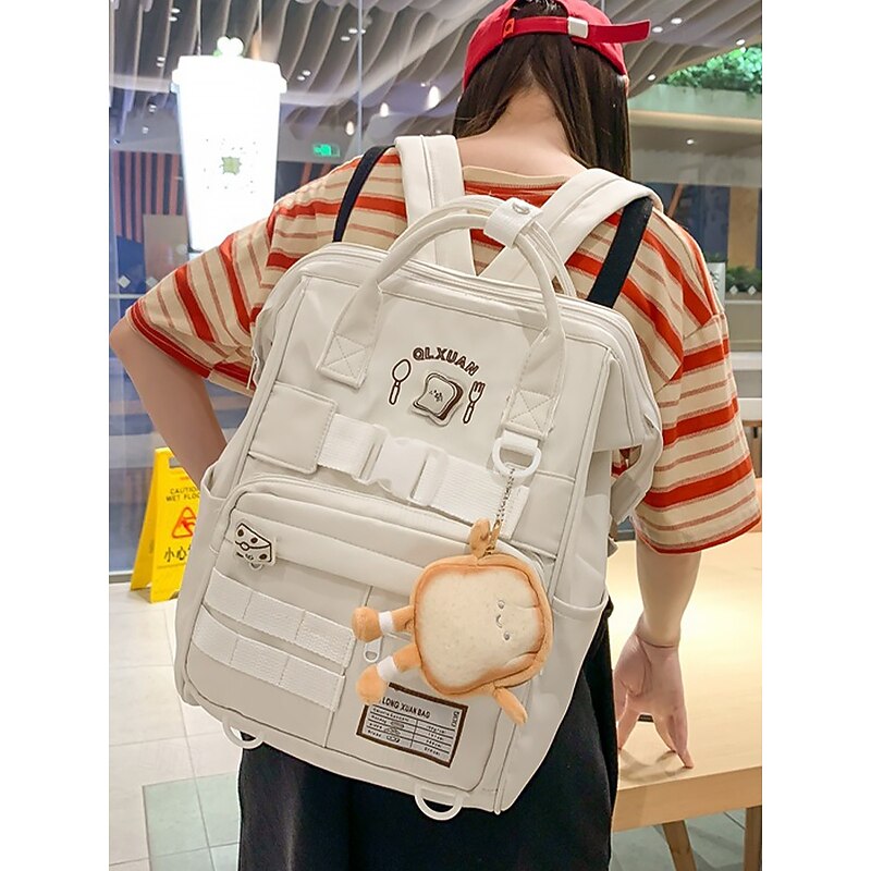 Waterproof Toast Cartoon Backpack for Girls – Kawaii School Bag with Plush Keychain and Multi-Pockets for Teenagers, College and Travel Black White Yellow4