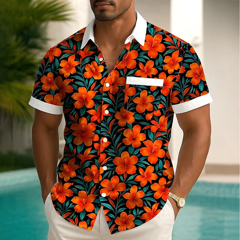 Men's Floral Print Tropical Flowers Summer Hawaiian Shirt Button Up Shirt Aloha Shirt Short Sleeve Hawaiian Holiday Beach Wear Summer Spring Turndown 3D Print Collared Shirts Front One Pocket Black