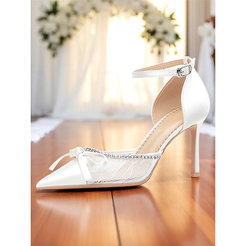 Women's White Satin Lace High Heels, Pointed-Toe Wedding Pumps with Rhinestones and Bow, Elegant Bridal Shoes for Formal Ceremony2