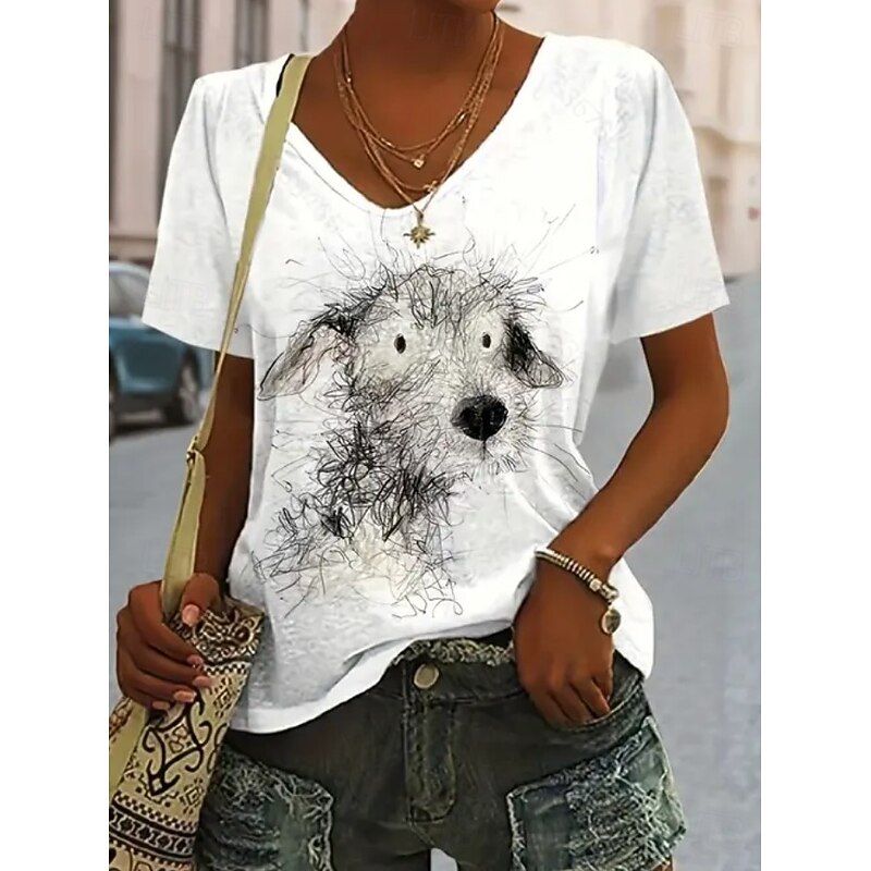 Women's T Shirt Graphic Animal Dog Vintage Stylish Classic Short Sleeve V Neck Regular Tops Daily Going out Weekend Print White Yellow off-white Summer Spring3