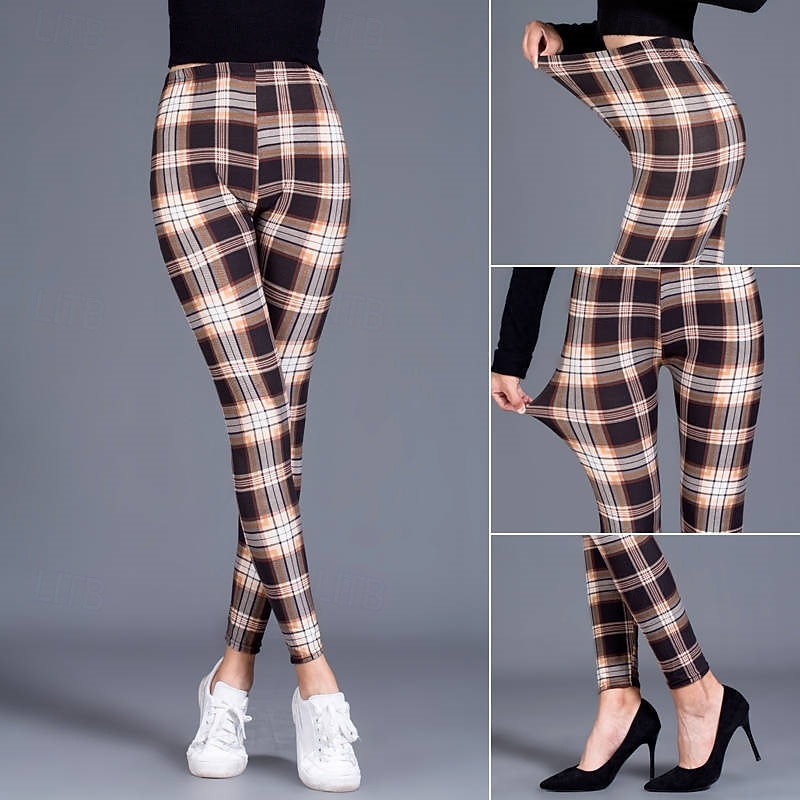 Women's Tights Leggings Cozy Leggings Streetwear Casual Full Length High Waist Plaid Elastic Waist Breathability Stretchy Vacation Street Daily Wear Magenta Dark red Wine Black Fall Regular Fit