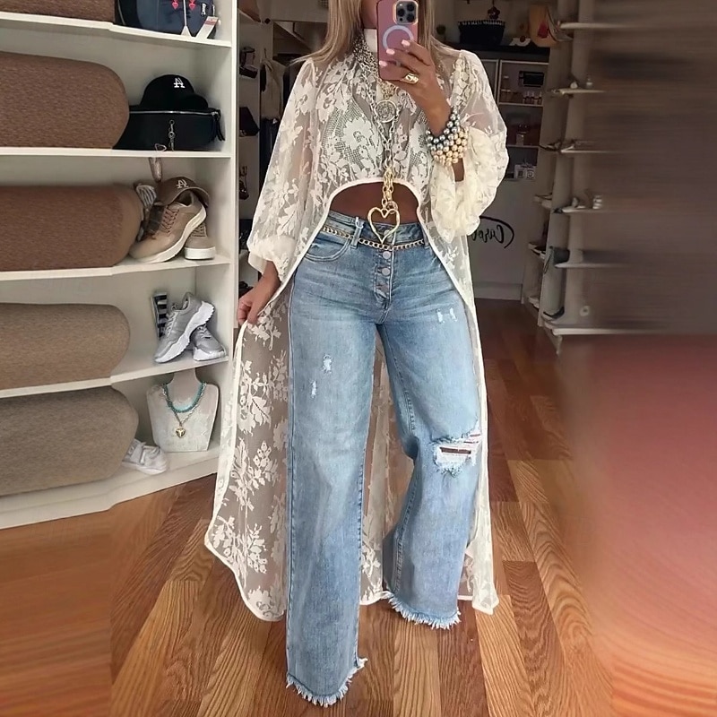 Women's Blouse Lace Tops Flower Modern Casual Long Sleeve Turtleneck Long Tops Daily Holiday Going out Lace Asymmetric Pink Orange Apricot Summer