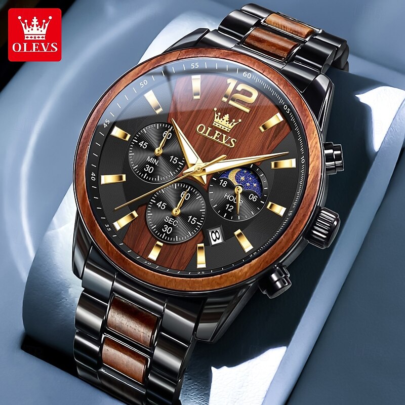 OLEVS 3645 Mens Watch Top Brand Business Original Quartz Watch Solid Wood Multifunctional Chronograph Moon Phase Watch3