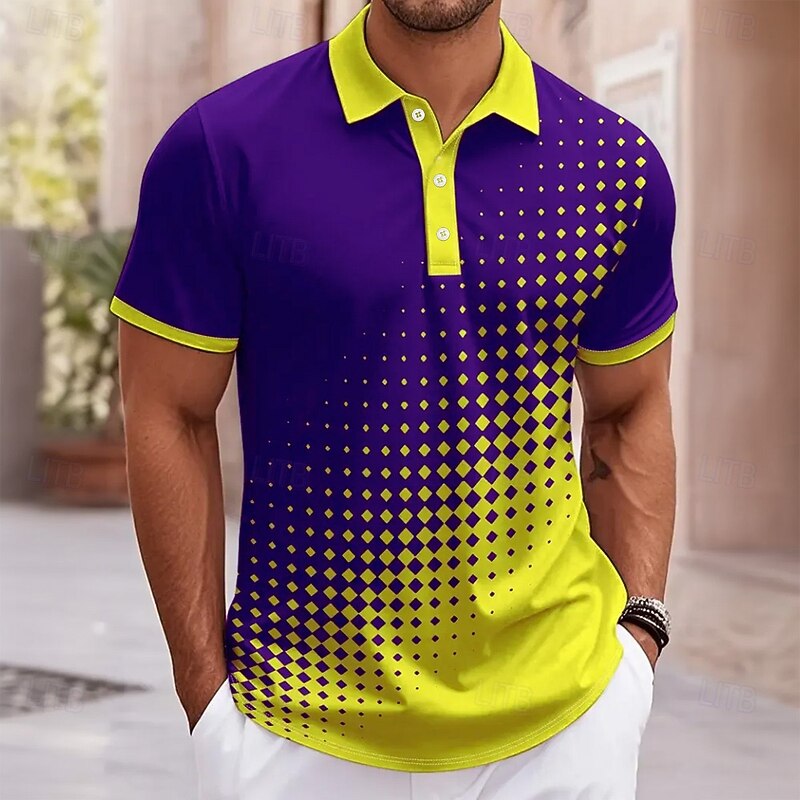 Men's Abstract Geometic Polo Short Sleeve Turndown Casual Daily Athleisure Casual Daily Buttons Summer Robin's Egg Blue Yellow Purple3