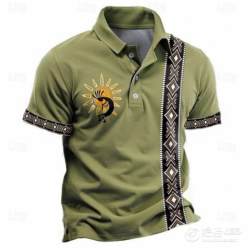 Men's Tribal Polo Shirts Golf Shirt Short Sleeve Polo Shirts Collared Shirts Vacation Wear Party Outfits Buttons 3D Print Summer Spring Blue Green Khaki