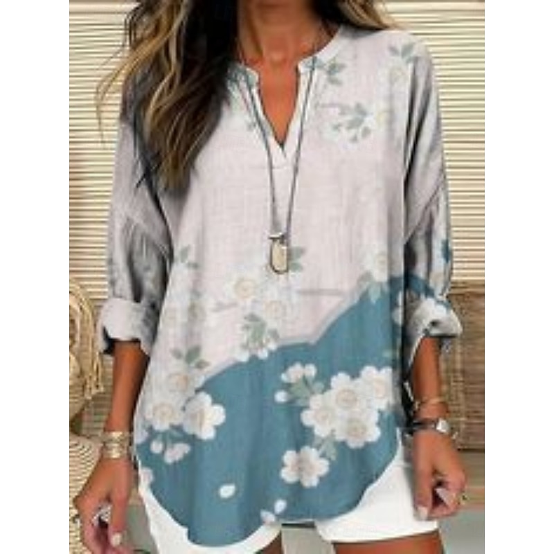 Women's Shirt Floral Stylish Modern Long Sleeve V Neck Regular Tops Daily Holiday Buttons Print Pink Red Blue Green Summer4
