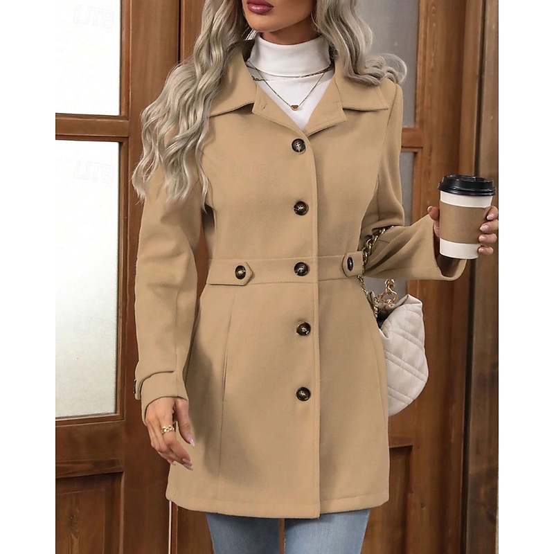 Women's Winter Coat Coat Warm Comfortable Buttons Fashion Plain Vacation Casual Daily Single Breasted Long Turndown Regular Fit Long Sleeve Outerwear Khaki Fall Winter