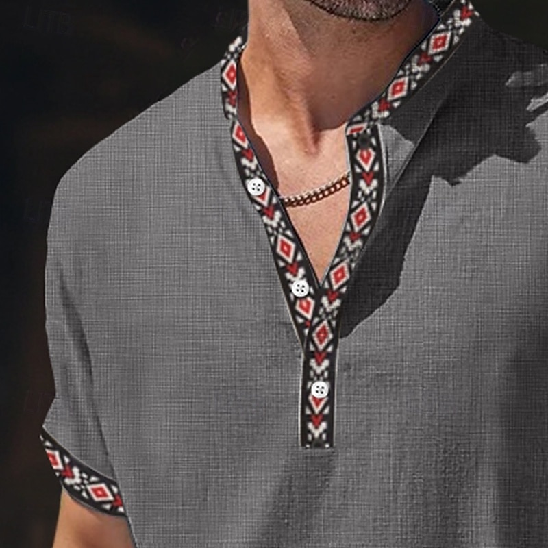 Men's Shirt Linen Shirt Summer Shirt Beach Wear Geometric Vacation Casual Red Green Khaki Gray Short Sleeve V Neck Summer Spring & Summer Clothing Apparel Color Block2