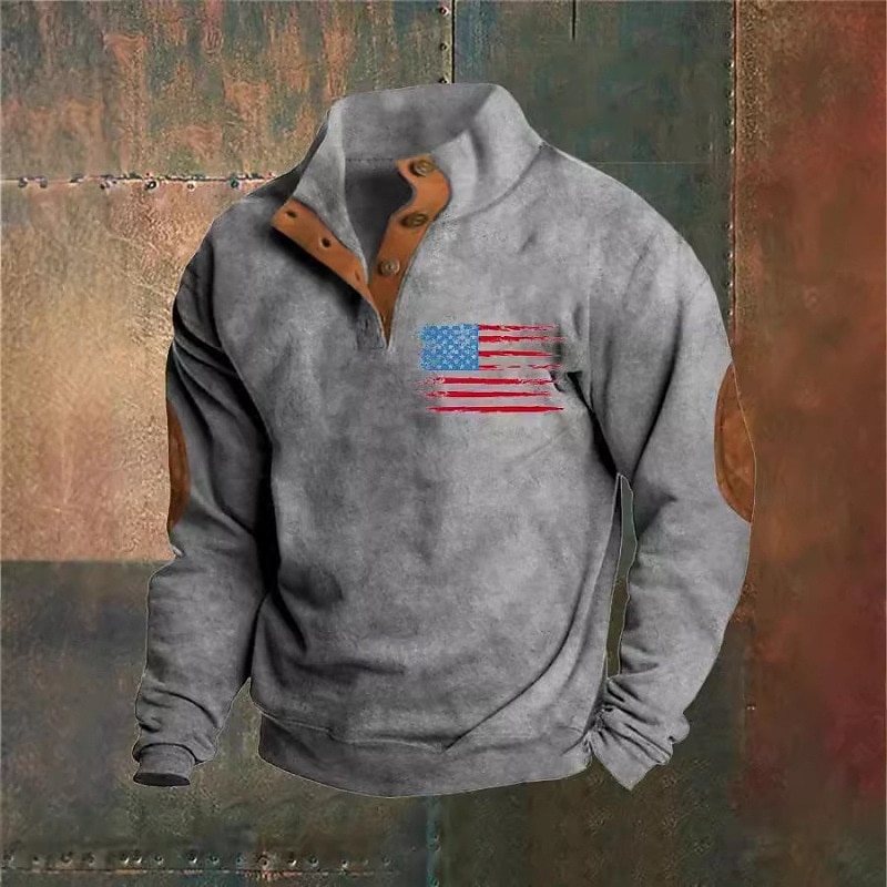 Men's Sweatshirt Black White Brown Khaki Gray Standing Collar Graphic American Flag Print Daily Holiday Going out Polyester Streetwear Casual Fall Winter Clothing Apparel Hoodies Sweatshirts  Long2