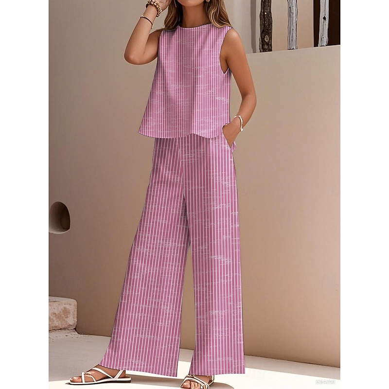 Women's Elegant Fashion Streetwear Two Piece Sets Blouse Vest Pants Trousers Sleeveless Crew Neck Outdoor Work Casual Striped Print Vacation Daily Holiday White Purple Green Summer Regular Fit2