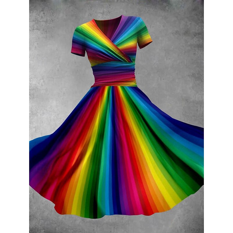 Women's Midi Dress A Line Dress Summer Dress Fit And Flare Dress Party Casual Daily Holiday Regular Fit Graphic Color Block Abstract Short Sleeve V Neck Black Orange Rainbow Summer2