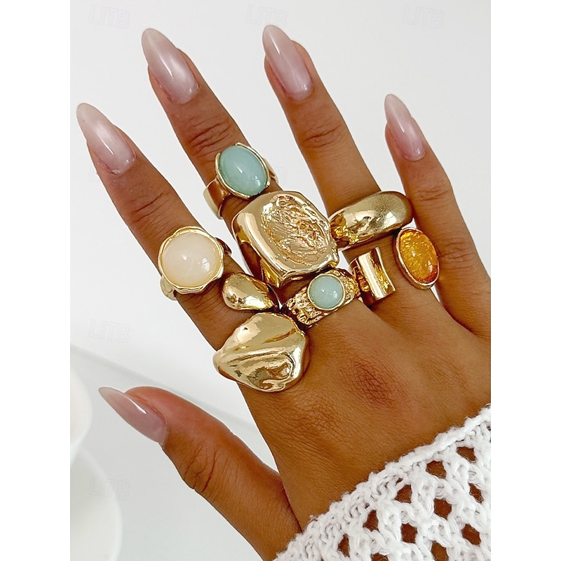 Women's Gold Vintage Gemstone Ring Set - Multi-piece set of statement chunky rings with hammered texture and colorful resin gemstones, Suitable for office,, Vintage fashion, Party and daily style