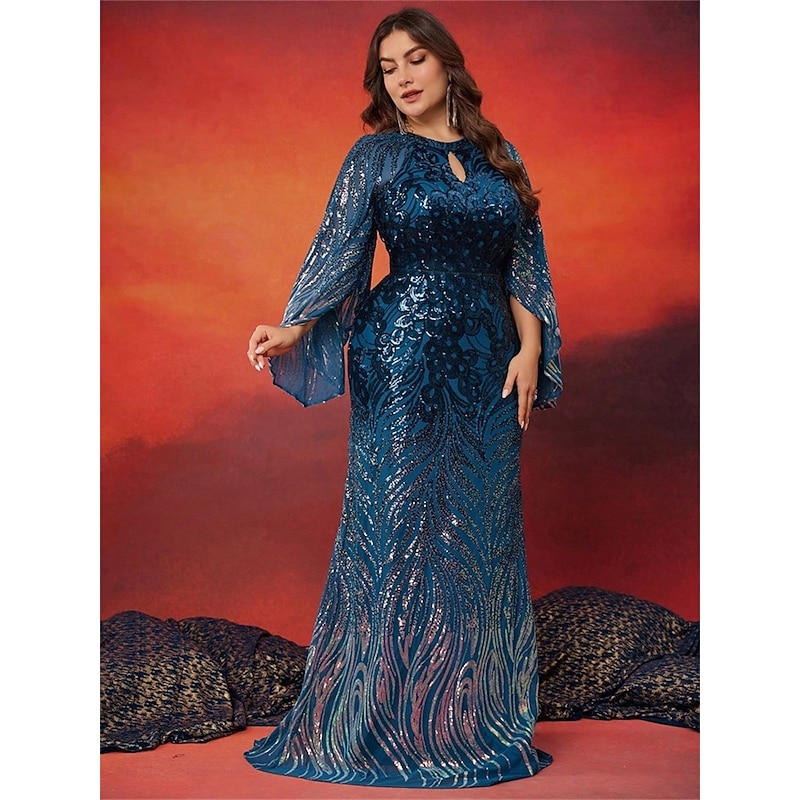 Mermaid / Trumpet Plus Size Dresses Elegant Curve Dress Formal Wedding Floor Length Long Sleeve Crew Neck Polyester with Slit