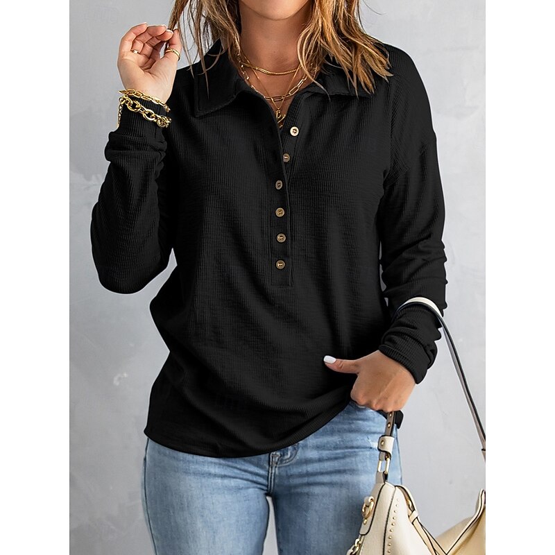 Women's Blouse Solid Color Stylish Basic Casual Long Sleeve Shirt Collar Regular Tops Daily Buttons Black White Navy Blue Sky Blue Khaki Summer Spring Fall3
