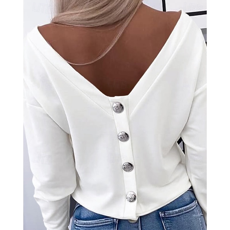 Women's Blouse Solid Color Stylish Casual Long Sleeve Crew Neck Regular Tops Daily Buttons Black White Pink Spring Fall3