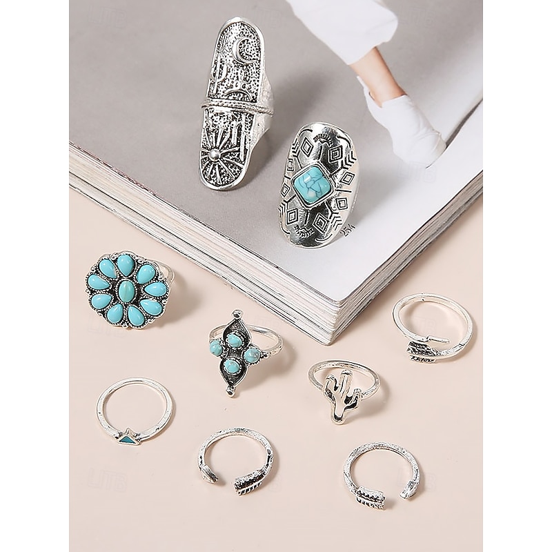 Women's Boho Vintage Turquoise Ring Set – 9-Piece Antique Silver Adjustable Midi Rings for Gypsy Festival, Beachwear and Casual Styling4