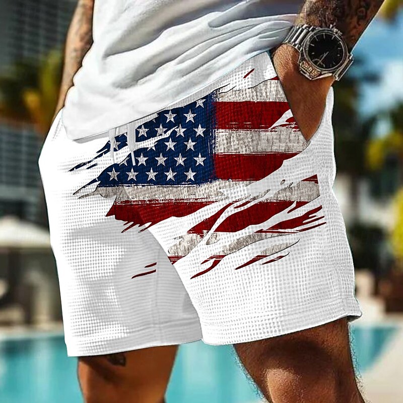 Independence Day Men's American US Flag Patriotic Fourth of July Waffle Shorts Sweat Shorts Casual Shorts Mid Waist Fashion Casual Holiday Festival Elastic Drawstring Waist Shorts with Pockets