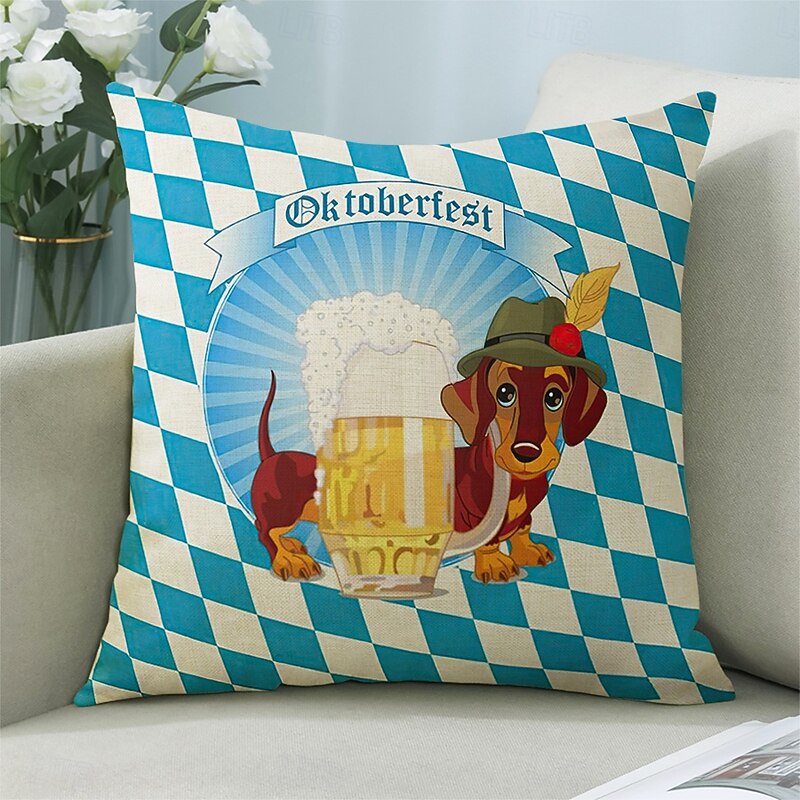 Oktoberfest Dachshund Bavarian Decorative Toss Pillows Cover 1PC Soft Square Couch Cushion German Beer Design White Blue Plaid3