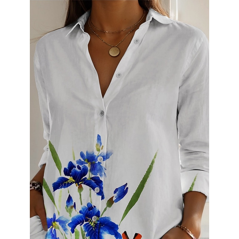 Women's Shirt Floral Active Daily Stylish Long Sleeve Shirt Collar Regular Tops Daily Holiday Buttons Print White Spring Fall2