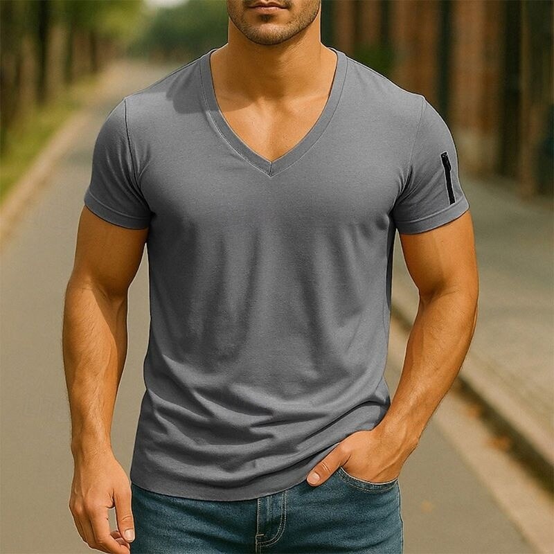 Men's T Shirt Tee Short Sleeve Shirt Tee Top Short Sleeve V Neck Summer Plain Fashion Designer Basic Zipper Vacation Street Going out Black White Pink Top Tee for Men4