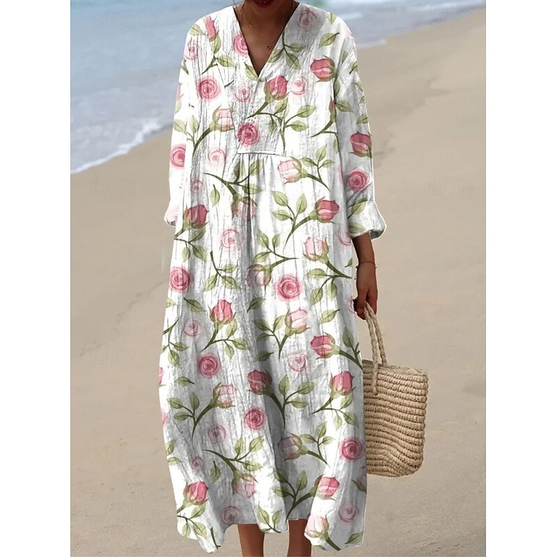 Women's Midi Dress V Neck Long Sleeve Kaftan Lightweight Loose Fit A Line Dress Casual Boho Party Going out Floral Graphic Abstract Long Sleeve V Neck Ash White Yellow Pink3