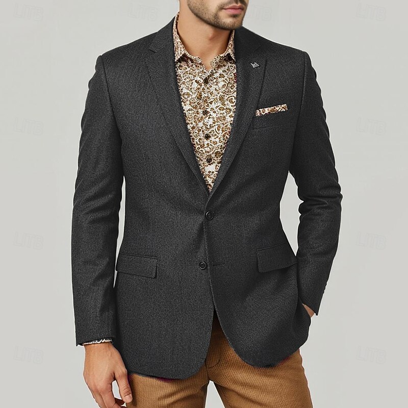 Men's Wool Tweed Blazer Vintage Office Solid Colored Blazer Brown Dark Grey Standard Fit Single Breasted Two-buttons3