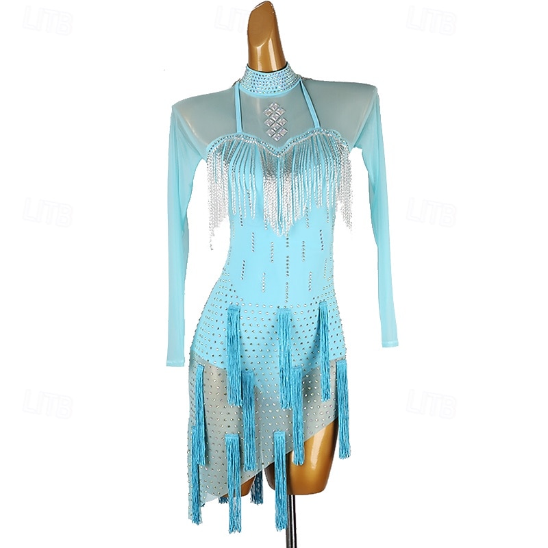Latin Dance Dress Tassel Crystals / Rhinestones Women's Performance Daily Wear Long Sleeve Mesh Spandex