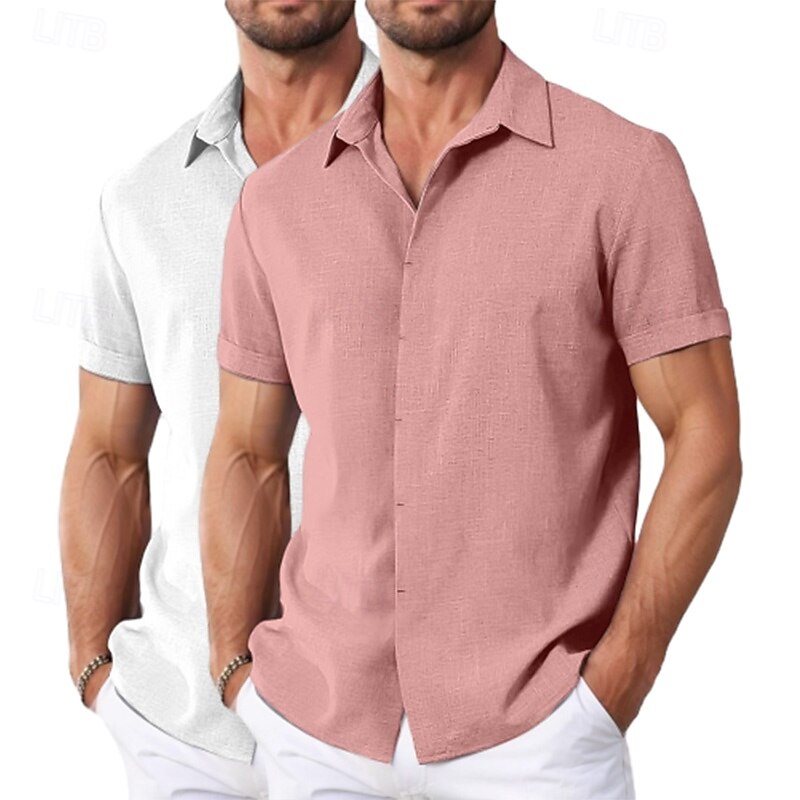 Men's Shirt Linen Shirt Summer Shirt Casual Shirt Beach Shirt Button Up Shirt Plain Vacation Casual White+Pink White+Green Khaki+Black Green+Khaki Short Sleeve Collar Summer Clothing Apparel Plain3