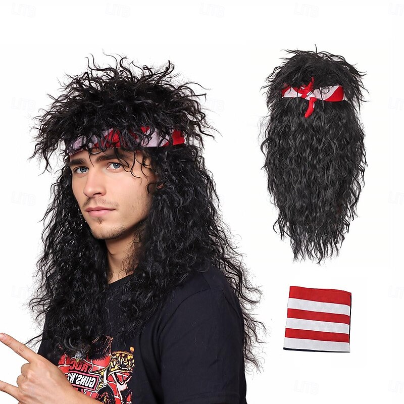 80s Wig For Men Long Curly Black Rocker Cosplay Wig For Halloween(Only Wigs)