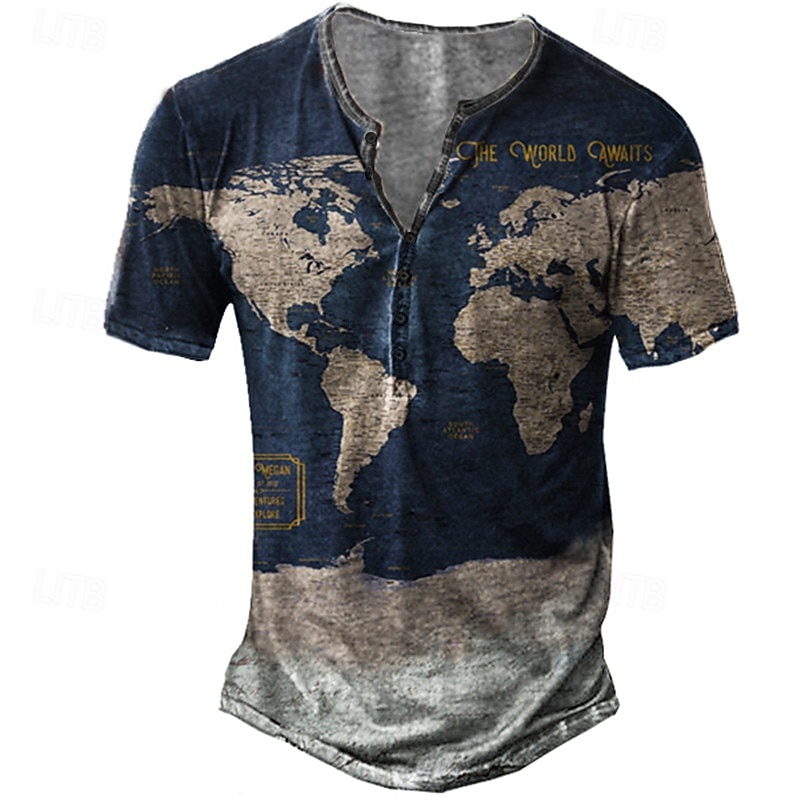 Men's Map Graphic Prints T Shirt Henley Shirt Short Sleeve 3D Print Vintage Sports Fashion Outdoor Street Daily Summer Blue Green Rainbow Light Blue Henley Henley T-Shirt